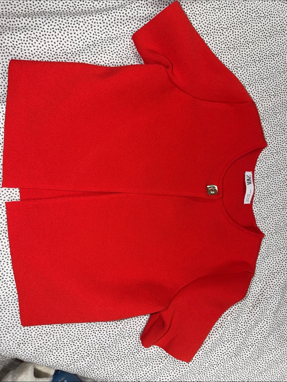 Zara Red Short-Sleeve Knit Jacket with Gold Button